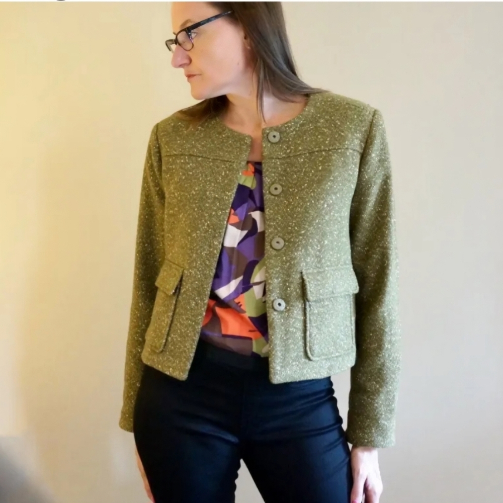 A NEW DAY Cropped Speckled Tweed Blazer Jacket in Olive Sz: 4 (Small) - Picture 5 of 16